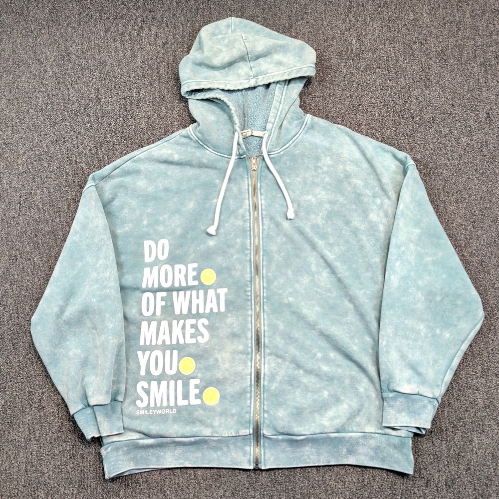 Grayson Threads SmileyWorld Y2K Zip Hoodie L Blue Acid Wash Graphic Streetwear